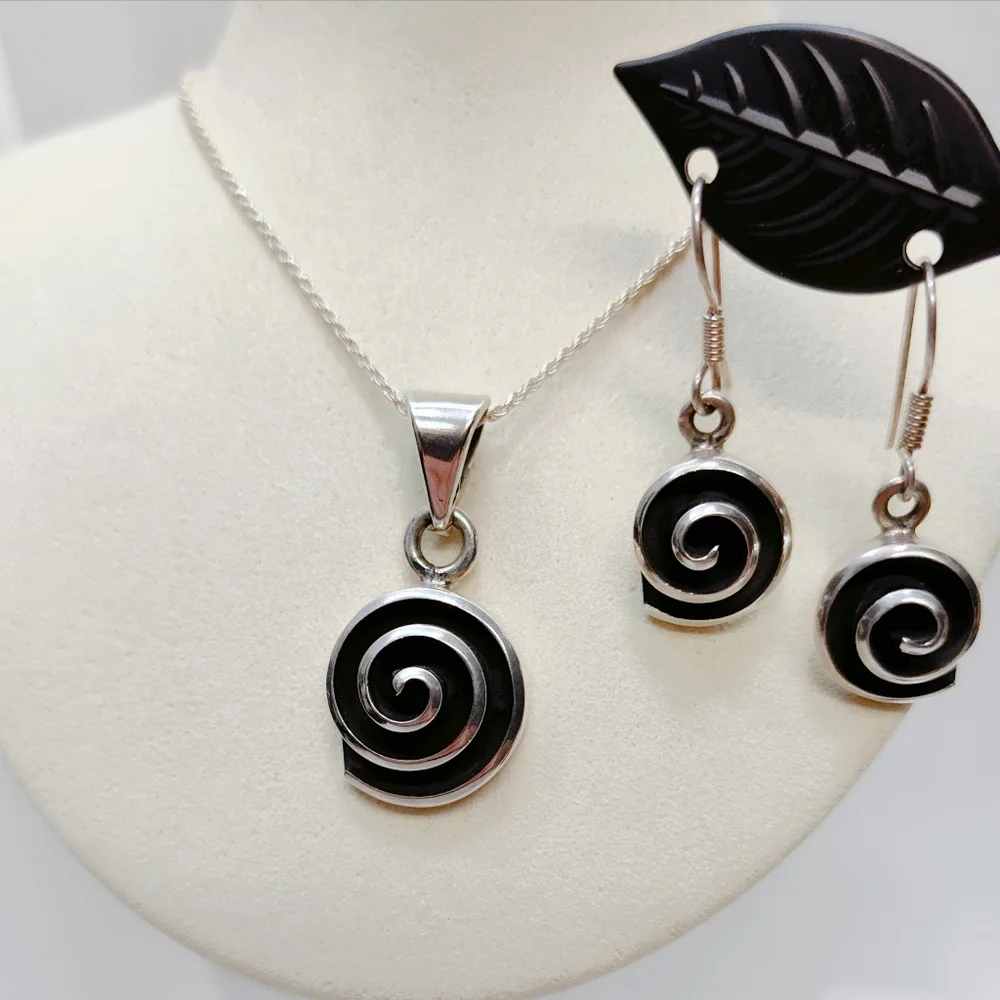 Vintage Mexico Sterling Silver Modernist Spiral Pendant Necklace Earring Set 20" - Picture 3 of 15